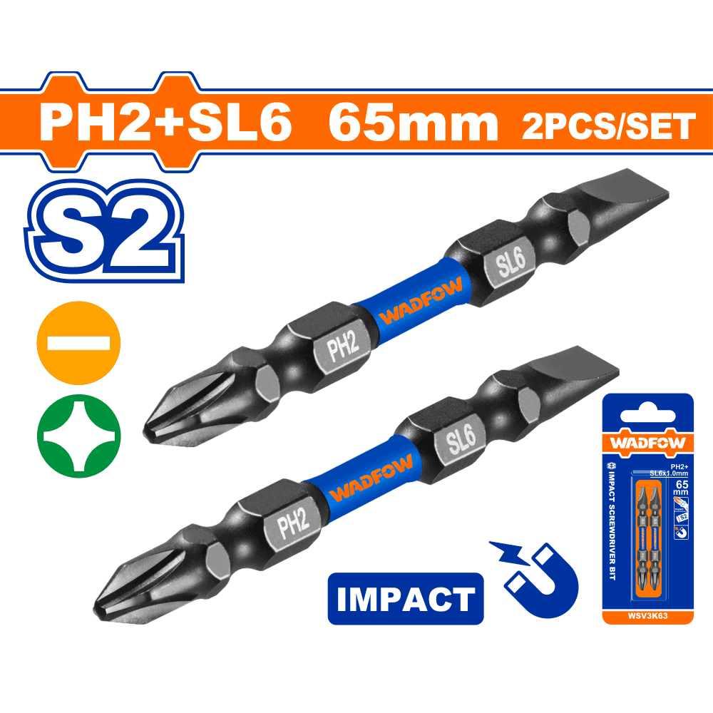 طقم حبة دريل PH2+SL6.0*1.0 65mm مربع عادي ثقيل WADFOW WSV3K63